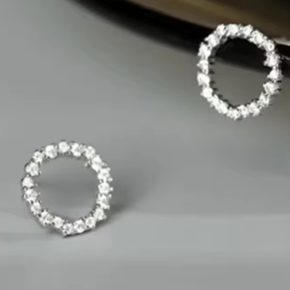 Solid Silver Circle Stud Earrings | Swarovski Inspired Jewelry - Picture 3 of 5